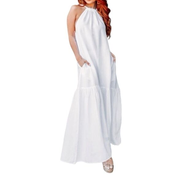 ELAN Linen Blend Tiered Halter Maxi Dress Relaxed Fit High Neck White Medium NWT - Picture 4 of 15